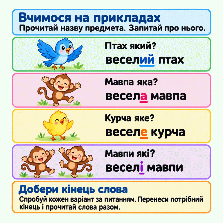 Навчальна картка показує, як добирати кінець слова за питанням. Птах який? Веселий птах. Мавпа яка? Весела мавпа. Курча яке? Веселе курча. Мавпи які? Веселі мавпи. Кінці слів підкреслено. Потрібно спробувати варіанти, перенести відповідний кінець і прочитати слова разом. Вчимося на прикладах: Прочитай назву предмета. Запитай про нього. Добери кінець слова: Спробуй кожен варіант за питанням. Перенеси потрібний кінець і прочитай слова разом. Птах який? веселий птах Мавпа яка? весела мавпа Курча яке? веселе курча Мавпи які? веселі мавпи