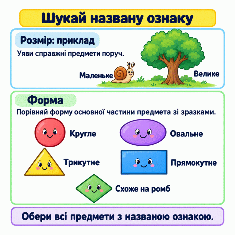 Картка пояснює пошук предметів за названою ознакою. Розмір пропонується порівнювати в житті: у прикладі равлик маленький, а дерево велике. Для порівняння форми показано підписані круг, овал, трикутник, прямокутник і ромб. Унизу нагадування обрати всі предмети з потрібною ознакою. Шукай названу ознаку Розмір: приклад: Уяви справжні предмети поруч. Форма: Порівняй форму основної частини предмета зі зразками. Обери всі предмети з названою ознакою. Маленьке Велике Кругле Овальне Трикутне Прямокутне Схоже на ромб