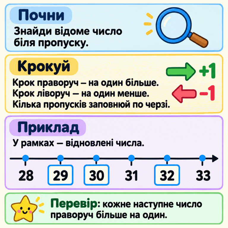 Пояснення відновлення пропущених чисел: почни з відомого числа біля пропуску. Крок до сусідньої поділки праворуч збільшує число на один, ліворуч — зменшує на один. У навчальному прикладі на рівновіддалених поділках записано 28, 29, 30, 31, 32, 33. Відновлені числа 29, 30 і 32 обведено окремими рамками. Кілька пропусків заповнюй по черзі та перевіряй порядок чисел. Почни: Знайди відоме число біля пропуску. Крокуй: Крок праворуч — на один більше. Крок ліворуч — на один менше. Кілька пропусків заповнюй по черзі. Приклад: У рамках — відновлені числа. Перевір: кожне наступне число праворуч більше на один. 28 29 30 31 32 33 +1 −1