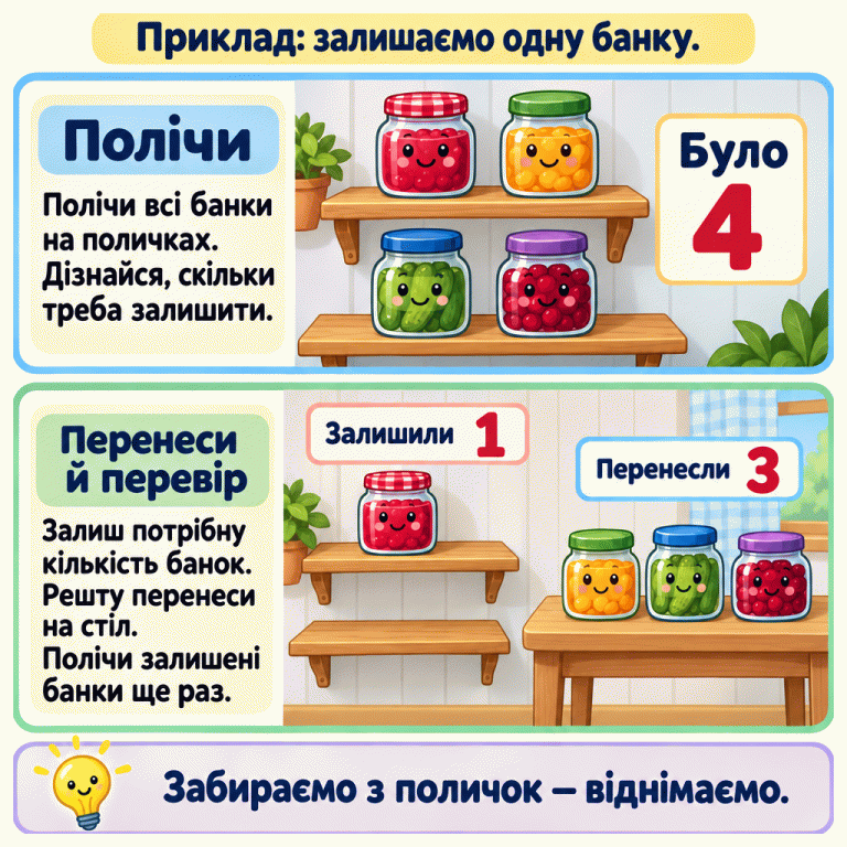 Полічи всі банки на поличках і дізнайся, скільки треба залишити. Залиш потрібну кількість, а решту перенеси на стіл. У навчальному прикладі було чотири банки, а залишити треба одну. Після перенесення на поличках одна банка, на столі — три. Полічи залишені банки ще раз. Забираємо з поличок — віднімаємо. Полічи: Полічи всі банки на поличках. Дізнайся, скільки треба залишити. Перенеси й перевір: Залиш потрібну кількість банок. Решту перенеси на стіл. Полічи залишені банки ще раз. Забираємо з поличок — віднімаємо. Приклад: залишаємо одну банку. Було 4 Залишили 1 Перенесли 3