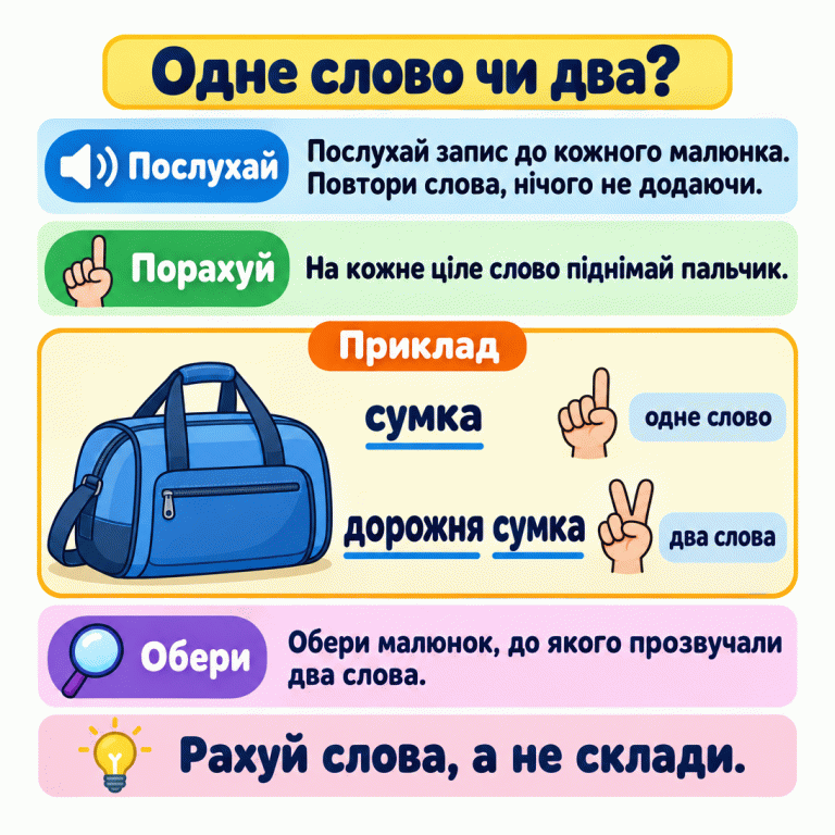 Навчальна картка пояснює: послухай запис до кожного малюнка, повтори почуте й піднімай пальчик на кожне ціле слово. У прикладі біля дорожньої сумки наведено слово «сумка» з одним піднятим пальцем і опис «дорожня сумка» з двома піднятими пальцями. Обери малюнок, до якого прозвучали два слова. Рахуй слова, а не склади. Одне слово чи два? Послухай: Послухай запис до кожного малюнка. Повтори слова, нічого не додаючи. Порахуй: На кожне ціле слово піднімай пальчик. Обери: Обери малюнок, до якого прозвучали два слова. Рахуй слова, а не склади. Приклад сумка дорожня одне слово два слова
