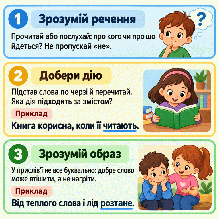 Три підказки: зрозумій усе речення й не пропускай «не»; підставляй слова по черзі та перечитуй; подумай про образний зміст. Дитина читає книжку біля прикладу «Книга корисна, коли її читають». Діти підтримують одне одного словами біля прислів’я «Від теплого слова і лід розтане». Добре слово може втішити, а не нагріти. Зрозумій речення: Прочитай або послухай: про кого чи про що йдеться? Не пропускай «не». Добери дію: Підстав слова по черзі й перечитай. Яка дія підходить за змістом? Зрозумій образ: У прислів’ї не все буквально: добре слово може втішити, а не нагріти. Приклад Книга корисна, коли її читають. Від теплого слова і лід розтане. 1 ? 2 3