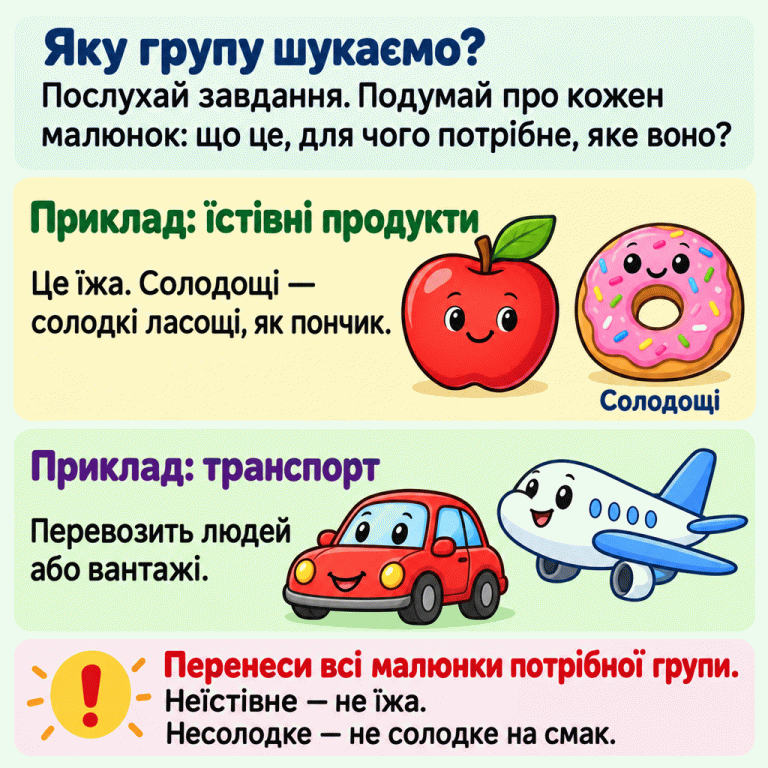 Пам’ятка про сортування: послухай, яку групу названо, та перевір кожен малюнок. Яблуко й пончик показані як їжа, а пончик додатково підписаний як солодощі. Автомобіль і літак — приклади транспорту, який перевозить людей або вантажі. Переносити потрібно всі малюнки названої групи. Неїстівне — не їжа, а несолодке — не солодке на смак. Яку групу шукаємо?: Послухай завдання. Подумай про кожен малюнок: що це, для чого потрібне, яке воно? Приклад: їстівні продукти: Це їжа. Солодощі — солодкі ласощі, як пончик. Приклад: транспорт: Перевозить людей або вантажі. Перенеси всі малюнки потрібної групи. Неїстівне — не їжа. Несолодке — не солодке на смак. Солодощі !