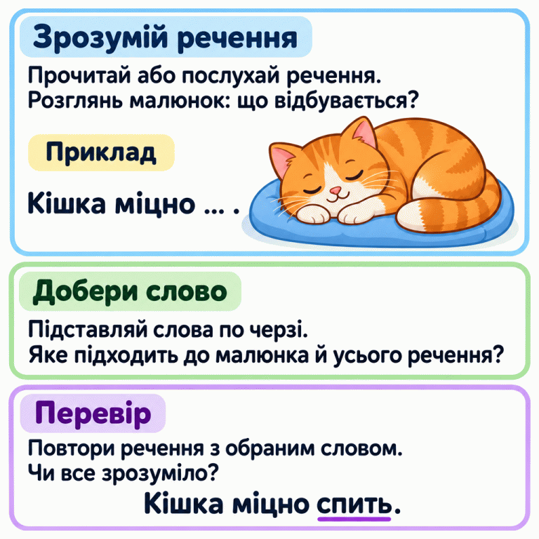 Картка пояснює: прочитай або послухай речення, розглянь малюнок, підставляй слова по черзі та перевір зміст. У навчальному прикладі спляча кішка допомагає доповнити речення «Кішка міцно … .»: «Кішка міцно спить». Вставлене слово підкреслене. Зрозумій речення: Прочитай або послухай речення. Розглянь малюнок: що відбувається? Добери слово: Підставляй слова по черзі. Яке підходить до малюнка й усього речення? Перевір: Повтори речення з обраним словом. Чи все зрозуміло? Приклад Кішка міцно … . Кішка міцно спить.