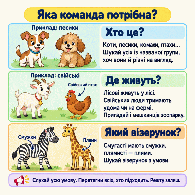 Картка пояснює, як збирати команду за умовою. Два різні песики належать до однієї групи. Коза й курка — свійські тварини, але свійський птах тут лише курка. Лісові тварини живуть у лісі; також можна збирати мешканців зоопарку. На зебрі видно смужки, на жирафі — плями. Треба послухати всю умову, перетягнути всіх відповідних тварин, а решту залишити. Яка команда потрібна? Хто це?: Коти, песики, комахи, птахи… Шукай усіх із названої групи, хоч вони й різні на вигляд. Де живуть?: Лісові живуть у лісі. Свійських люди тримають удома чи на фермі. Пригадай і мешканців зоопарку. Який візерунок?: Смугасті мають смужки, плямисті — плями. Шукай візерунок з умови. Слухай усю умову. Перетягни всіх, хто підходить. Решту залиш. Приклад: песики Приклад: свійські Свійський птах Смужки Плями