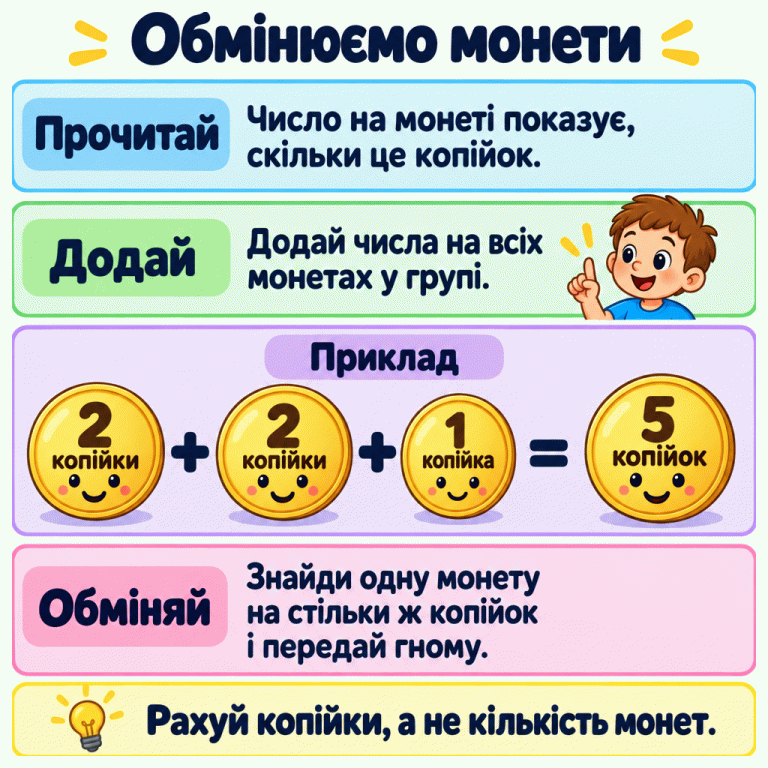Картка пояснює: прочитай числа на монетах, додай їх і знайди одну монету на таку саму суму. У навчальному прикладі дві монети по дві копійки та одна монета в одну копійку разом дорівнюють одній монеті в п’ять копійок. Рахуй копійки, а не кількість монет. Обмінюємо монети Прочитай: Число на монеті показує, скільки це копійок. Додай: Додай числа на всіх монетах у групі. Обміняй: Знайди одну монету на стільки ж копійок і передай гному. Рахуй копійки, а не кількість монет. Приклад 2 копійки 1 копійка + = 5 копійок
