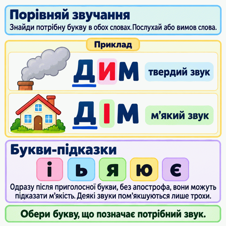 Картка пояснює, як порівнювати тверде й м’яке звучання приголосного у двох словах. У навчальному прикладі з малюнками диму та будинку підкреслено початкову Д: у слові ДИМ вона позначає твердий звук, у слові ДІМ — м’який. Нижче показано букви-підказки і, ь, я, ю, є та пояснено, що вони можуть підказати м’якість одразу після приголосної букви без апострофа. Деякі звуки пом’якшуються лише трохи. Обирати потрібно за вимогою завдання. Порівняй звучання: Знайди потрібну букву в обох словах. Послухай або вимов слова. Букви-підказки: Одразу після приголосної букви, без апострофа, вони можуть підказати м’якість. Деякі звуки пом’якшуються лише трохи. Обери букву, що позначає потрібний звук. Приклад ДИМ твердий звук ДІМ м’який звук і ь я ю є