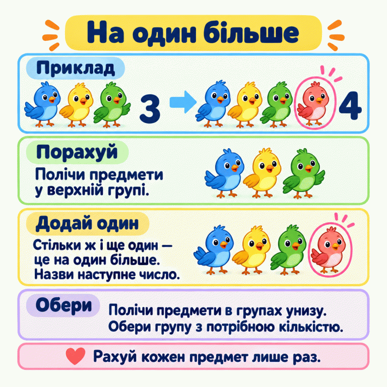 Навчальний приклад: спочатку три пташки, після додавання однієї — чотири. У другій групі стільки ж пташок і ще одна, виділена контуром. Порахуй предмети у верхній групі, назви наступне число й знайди внизу групу з такою кількістю. Кожен предмет рахуй лише раз. На один більше Порахуй: Полічи предмети у верхній групі. Додай один: Стільки ж і ще один — це на один більше. Назви наступне число. Обери: Полічи предмети в групах унизу. Обери групу з потрібною кількістю. Рахуй кожен предмет лише раз. Приклад 3 4