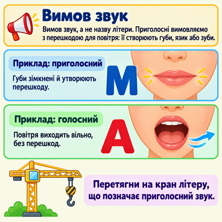 Щоб упізнати приголосний, вимов звук, а не назву літери. Губи, язик або зуби створюють перешкоду для повітря. У навчальному прикладі М губи зімкнені: це приголосний. У прикладі А рот відкритий і повітря виходить вільно: це голосний. На кран потрібно перетягнути літеру, що позначає приголосний звук. Вимов звук: Вимов звук, а не назву літери. Приголосні вимовляємо з перешкодою для повітря: її створюють губи, язик або зуби. Приклад: приголосний: Губи зімкнені й утворюють перешкоду. Приклад: голосний: Повітря виходить вільно, без перешкод. Перетягни на кран літеру, що позначає приголосний звук. М А