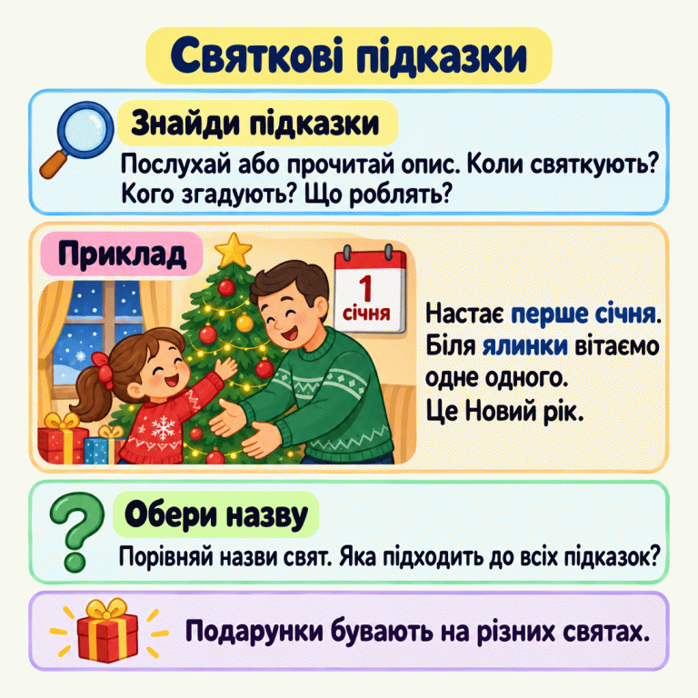 Картка «Святкові підказки» радить послухати або прочитати опис і знайти, коли святкують, кого згадують та що роблять. У навчальному прикладі люди вітають одне одного біля прикрашеної ялинки, а календар показує 1 січня: це Новий рік. Потрібно обрати назву, яка підходить до всіх підказок. Подарунки бувають на різних святах. Святкові підказки Знайди підказки: Послухай або прочитай опис. Коли святкують? Кого згадують? Що роблять? Приклад: Настає перше січня. Біля ялинки вітаємо одне одного. Це Новий рік. Обери назву: Порівняй назви свят. Яка підходить до всіх підказок? Подарунки бувають на різних святах. 1 січня ?
