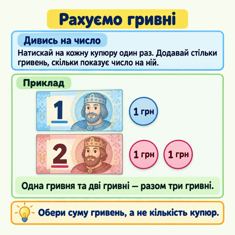 Навчальний приклад: біля купюри з числом 1 показано один кружечок «1 грн», а біля купюри з числом 2 — два такі кружечки. Одна гривня та дві гривні разом дають три гривні. Кожну купюру враховуємо один раз і додаємо її вартість. Обираємо суму гривень, а не кількість купюр. Рахуємо гривні Дивись на число: Натискай на кожну купюру один раз. Додавай стільки гривень, скільки показує число на ній. Приклад: Одна гривня та дві гривні — разом три гривні. Обери суму гривень, а не кількість купюр. 1 2 1 грн