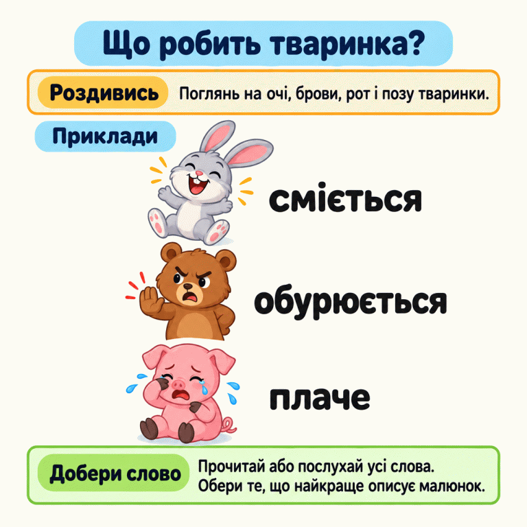 Картка «Що робить тваринка?» радить роздивитися очі, брови, рот і позу. Наведено три приклади: зайчик широко усміхається й сміється; ведмедик насупився та жестом заперечує — обурюється; у поросяти сумне обличчя і сльоза — плаче. Унизу порада прочитати або послухати всі слова й обрати те, що найкраще описує малюнок. Що робить тваринка? Роздивись: Поглянь на очі, брови, рот і позу тваринки. Добери слово: Прочитай або послухай усі слова. Обери те, що найкраще описує малюнок. Приклади сміється обурюється плаче