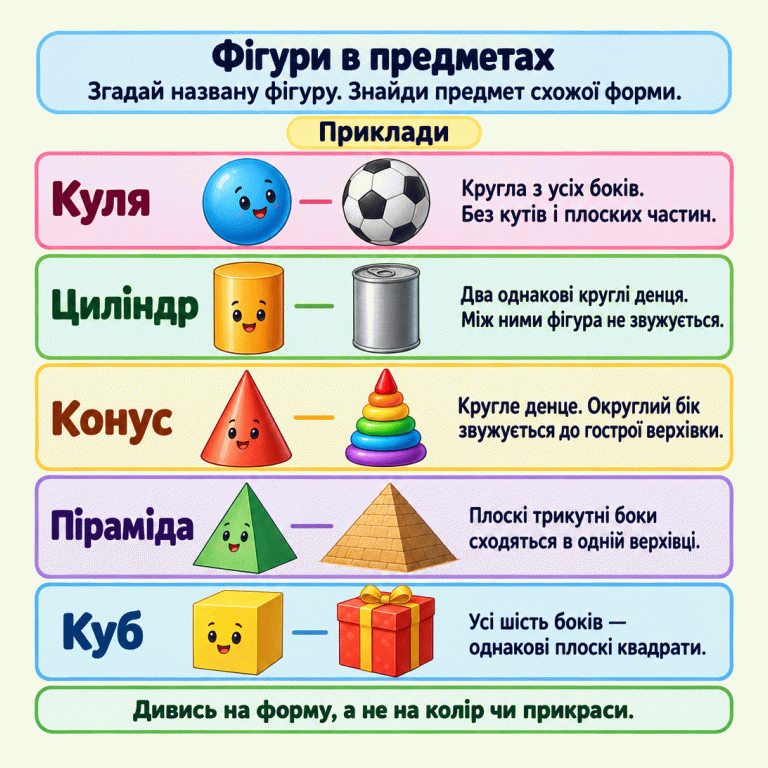 Картка пояснює, як знаходити знайомі об’ємні фігури в предметах. Куля схожа на м’яч: вона кругла з усіх боків. Циліндр схожий на банку: має два однакові круглі денця й не звужується між ними. Конус нагадує загальну форму башточки з кілець: від круглого денця звужується до гострої верхівки. Піраміда-споруда має плоскі трикутні боки, що сходяться в одній верхівці. Кубічна подарункова коробка нагадує куб, усі шість боків якого — однакові квадрати. Порівнюй загальну форму, а не колір чи прикраси. Фігури в предметах: Згадай названу фігуру. Знайди предмет схожої форми. Дивись на форму, а не на колір чи прикраси. Приклади Куля Кругла з усіх боків. Без кутів і плоских частин. Циліндр Два однакові круглі денця. Між ними фігура не звужується. Конус Кругле денце. Округлий бік звужується до гострої верхівки. Піраміда Плоскі трикутні боки сходяться в одній верхівці. Куб Усі шість боків — однакові плоскі квадрати.