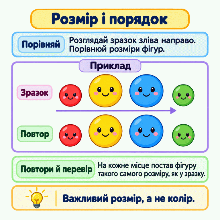 Навчальна картка про повторення послідовності за розміром. У прикладі верхній ряд містить менший, більший, більший і менший круги. Нижній ряд повторює розмір на кожному місці. Потрібно розглядати зразок зліва направо, добирати відповідні розміри й звіряти ряди. Колір не визначає порядок. Розмір і порядок Порівняй: Розглядай зразок зліва направо. Порівнюй розміри фігур. Повтори й перевір: На кожне місце постав фігуру такого самого розміру, як у зразку. Важливий розмір, а не колір. Приклад Зразок Повтор