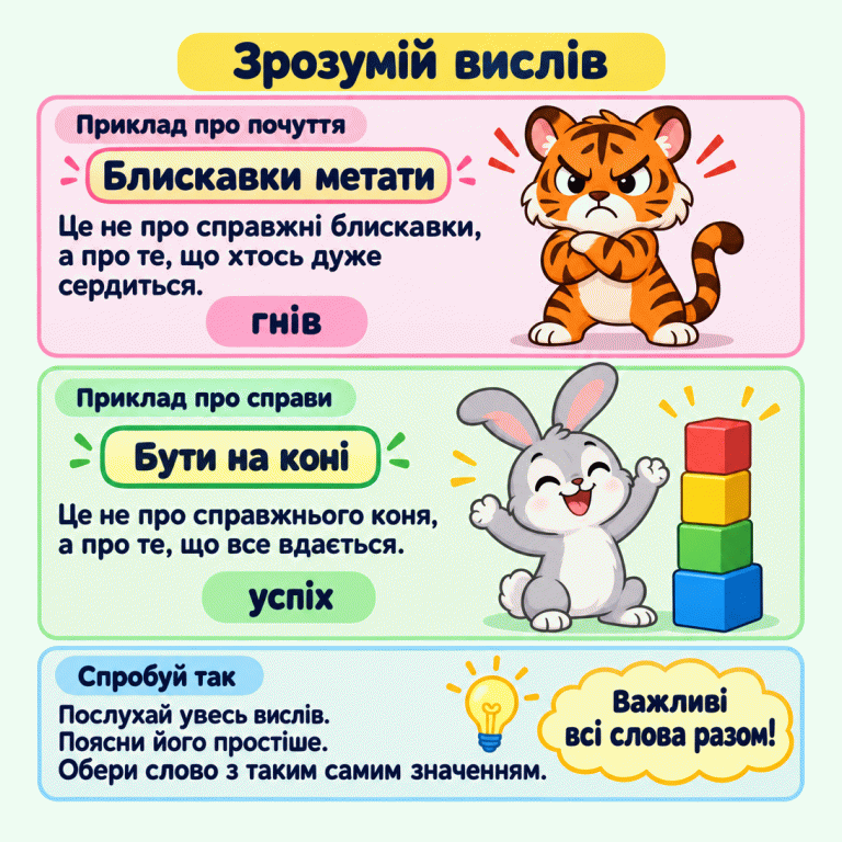 Два приклади допомагають зрозуміти образні вислови. «Блискавки метати» означає дуже сердитися — це гнів. Поруч сердите тигреня. «Бути на коні» означає, що справи вдаються, — це успіх. Поруч зайчик із завершеною вежею з кубиків. Послухай увесь вислів, поясни його простіше й обери слово з таким самим значенням. Важливі всі слова разом. Зрозумій вислів Приклад про почуття: Це не про справжні блискавки, а про те, що хтось дуже сердиться. Приклад про справи: Це не про справжнього коня, а про те, що все вдається. Спробуй так: Послухай увесь вислів. Поясни його простіше. Обери слово з таким самим значенням. Важливі всі слова разом! Блискавки метати гнів Бути на коні успіх