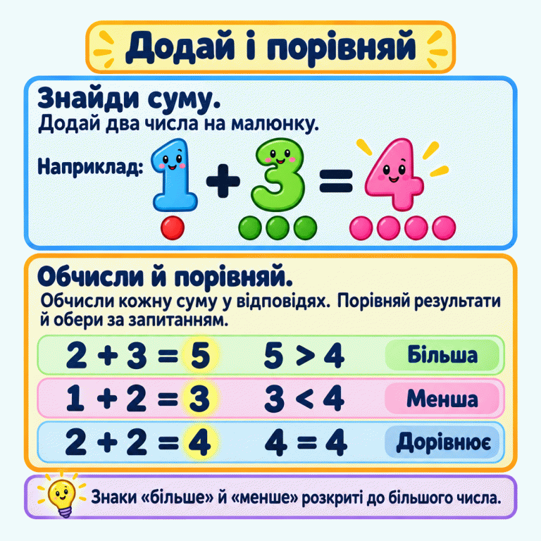 Картка пояснює: спочатку додай два числа на малюнку, потім обчисли суми у відповідях і порівняй результати. Навчальний приклад: один плюс три дорівнює чотирьом; кількості підтверджують кружечки. Два плюс три дорівнює п’яти — ця сума більша за чотири. Один плюс два дорівнює трьом — ця сума менша за чотири. Два плюс два дорівнює чотирьом — ця сума дорівнює опорній, хоча доданки інші. Знаки «більше» й «менше» розкриті до більшого числа. Обирай суму відповідно до запитання. Додай і порівняй Знайди суму.: Додай два числа на малюнку. Обчисли й порівняй.: Обчисли кожну суму у відповідях. Порівняй результати й обери за запитанням. Знаки «більше» й «менше» розкриті до більшого числа. Наприклад: 1 + 3 = 4 2 + 3 = 5 5 > 4 Більша 1 + 2 = 3 3 < 4 Менша 2 + 2 = 4 4 = 4 Дорівнює