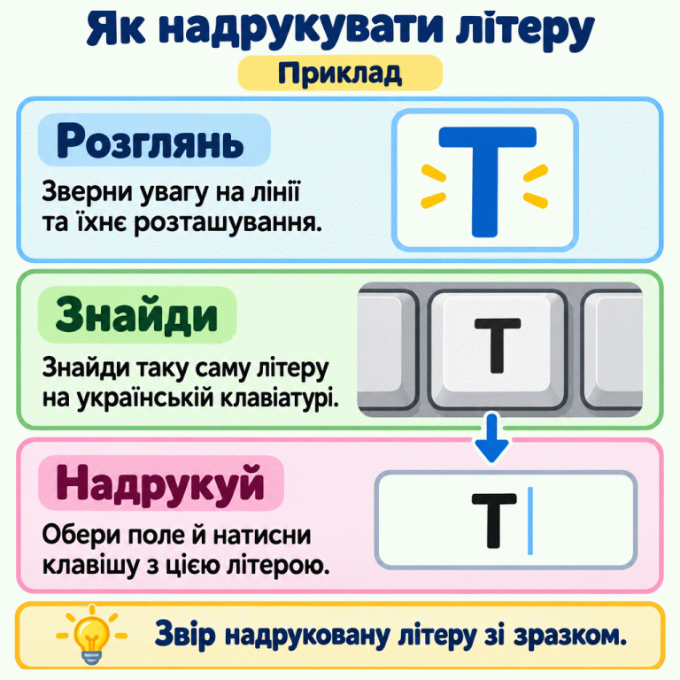 Навчальний приклад із літерою Т. Спочатку розглянь форму й лінії зразка. Потім знайди відповідну літеру на українській клавіатурі. Обери поле та натисни потрібну клавішу. Звір надруковану літеру зі зразком. Як надрукувати літеру Розглянь: Зверни увагу на лінії та їхнє розташування. Знайди: Знайди таку саму літеру на українській клавіатурі. Надрукуй: Обери поле й натисни клавішу з цією літерою. Звір надруковану літеру зі зразком. Приклад Т