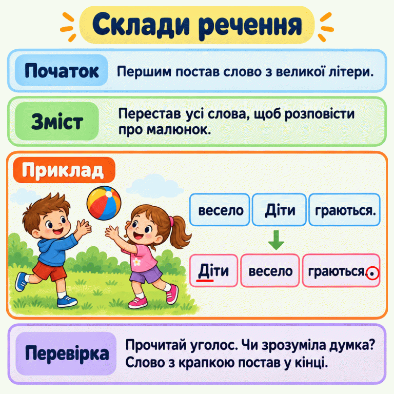 Картка пояснює, як скласти речення: почати зі слова з великої літери, поєднати всі слова за змістом і перевірити результат уголос. У навчальному прикладі діти весело граються м’ячем. Перемішані слова «весело», «Діти», «граються.» утворюють речення «Діти весело граються.». Підкреслено велику літеру на початку та виділено крапку в кінці. Склади речення Початок: Першим постав слово з великої літери. Зміст: Перестав усі слова, щоб розповісти про малюнок. Перевірка: Прочитай уголос. Чи зрозуміла думка? Слово з крапкою постав у кінці. Приклад Діти весело граються.