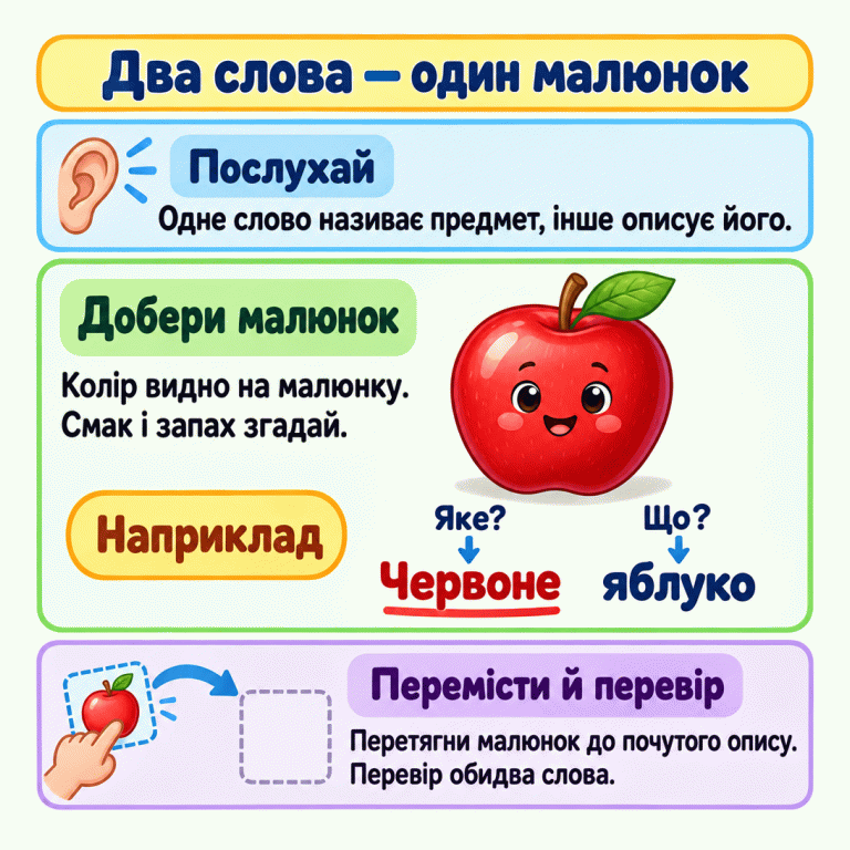 Картка пояснює, як добирати малюнок до двох почутих слів. Одне слово називає предмет, інше описує його. У прикладі червоне яблуко відповідає словам «Червоне яблуко»: «Що?» — яблуко, «Яке?» — червоне. Колір видно на малюнку, а смак і запах потрібно згадати. Малюнок слід перетягнути до почутого опису й перевірити обидва слова. Два слова — один малюнок Послухай: Одне слово називає предмет, інше описує його. Добери малюнок: Колір видно на малюнку. Смак і запах згадай. Перемісти й перевір: Перетягни малюнок до почутого опису. Перевір обидва слова. Наприклад Червоне яблуко Яке? Що?