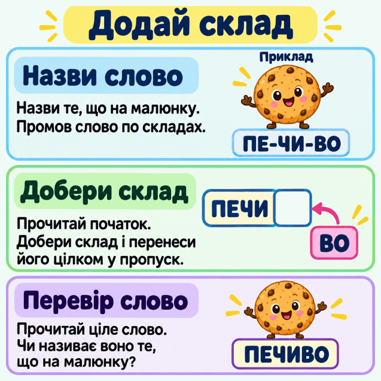 Картка пояснює, як доповнити слово складом. У навчальному прикладі зображено усміхнене печиво та запис ПЕ-ЧИ-ВО. Далі показано початок ПЕЧИ, порожню комірку наприкінці й окремий склад ВО для перенесення. Унизу — ціле слово ПЕЧИВО. Інструкції пропонують назвати предмет, промовити слово по складах, дібрати пропущений склад і перевірити зібране слово за малюнком. Додай склад Назви слово: Назви те, що на малюнку. Промов слово по складах. Добери склад: Прочитай початок. Добери склад і перенеси його цілком у пропуск. Перевір слово: Прочитай ціле слово. Чи називає воно те, що на малюнку? Приклад ПЕ-ЧИ-ВО ПЕЧИ ВО ПЕЧИВО
