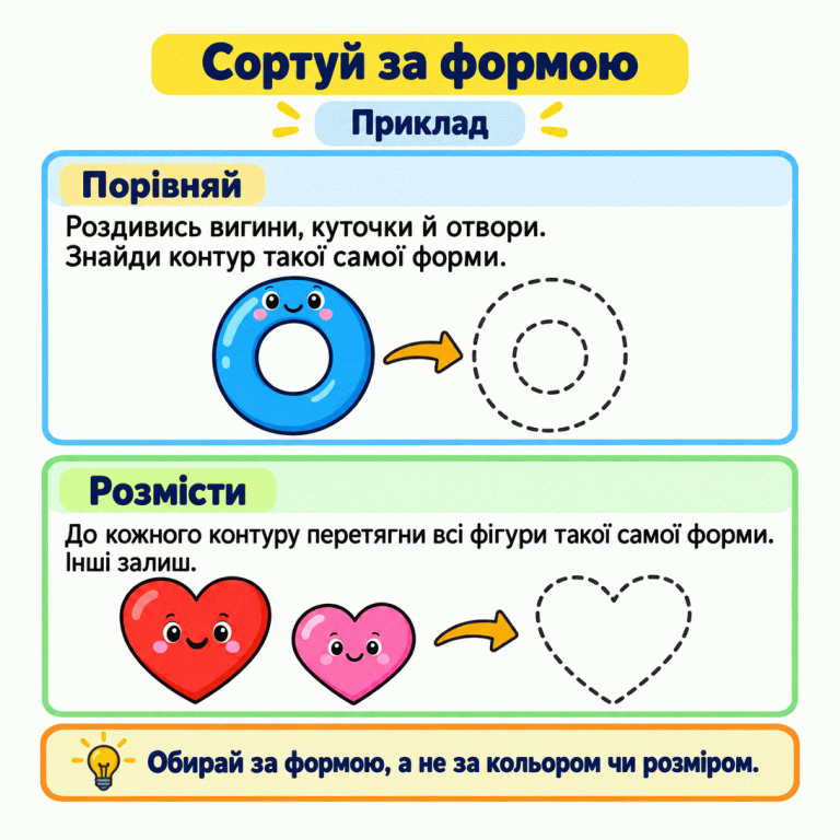 Приклад сортування за формою. Кільце відповідає кільцеподібному контуру з отвором, а два серця — контуру серця. Порівнюй вигини, куточки й отвори, а не колір чи розмір. Перетягуй усі відповідні фігури, а інші залиш. Сортуй за формою Порівняй: Роздивись вигини, куточки й отвори. Знайди контур такої самої форми. Розмісти: До кожного контуру перетягни всі фігури такої самої форми. Інші залиш. Обирай за формою, а не за кольором чи розміром. Приклад