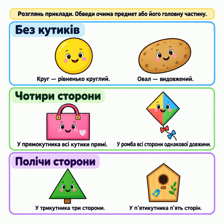 Шість прикладів геометричних форм у предметах, згруповані в три розділи. Без кутиків: кругле сонечко й овальна картоплина. Чотири сторони: прямокутний корпус сумки з прямими кутиками та ромбічне полотно повітряного змія з однаковими сторонами. Лічимо сторони: трикутна крона ялинки має три сторони, а повний обрис шпаківні без виступів даху — п’ять. Хвіст змія та стовбур ялинки відокремлені від навчальних контурів. Без кутиків: Круг — рівненько круглий. Овал — видовжений. Чотири сторони: У прямокутника всі кутики прямі. У ромба всі сторони однакової довжини. Полічи сторони: У трикутника три сторони. У п’ятикутника п’ять сторін. Розглянь приклади. Обведи очима предмет або його головну частину.