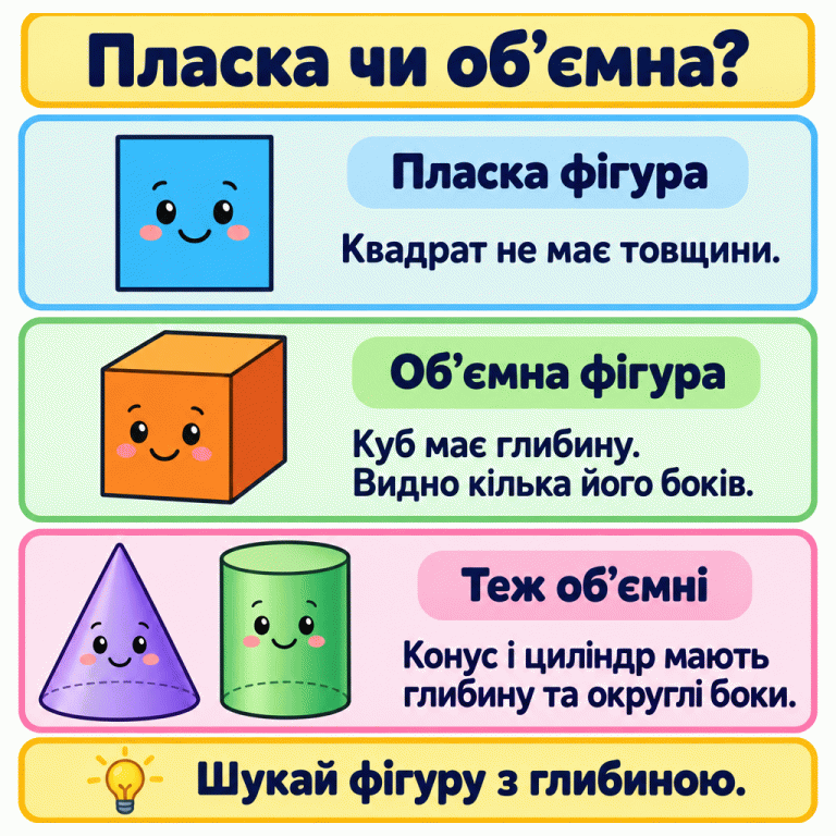 Порівняння пласких і об’ємних фігур. Квадрат не має товщини. У куба видно кілька боків, що показують глибину. Конус і циліндр теж об’ємні: у них округлі боки та круглі основи. Потрібно шукати фігуру з глибиною. Пласка чи об’ємна? Пласка фігура: Квадрат не має товщини. Об’ємна фігура: Куб має глибину. Видно кілька його боків. Теж об’ємні: Конус і циліндр мають глибину та округлі боки. Шукай фігуру з глибиною.