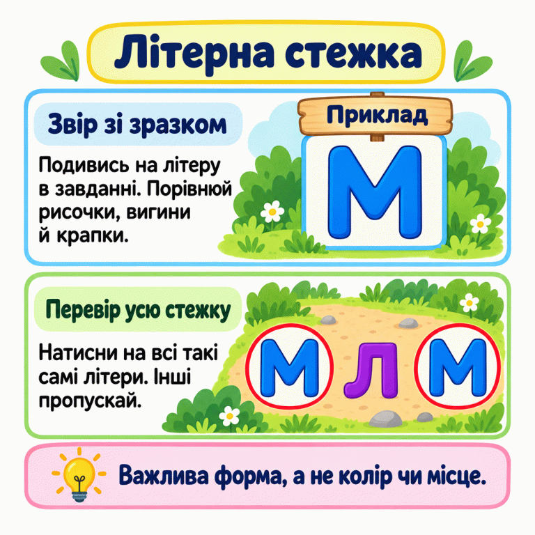 Літерна стежка. Порівнюй рисочки, вигини й крапки кожної літери зі зразком у завданні. У навчальному прикладі зразок — М. Серед двох М та однієї Л виділено обидві М, а Л пропущено. Перевір усю стежку й натисни на всі літери, що відповідають твоєму зразку. Важлива форма, а не колір чи місце. Літерна стежка Звір зі зразком: Подивись на літеру в завданні. Порівнюй рисочки, вигини й крапки. Перевір усю стежку: Натисни на всі такі самі літери. Інші пропускай. Важлива форма, а не колір чи місце. Приклад М Л
