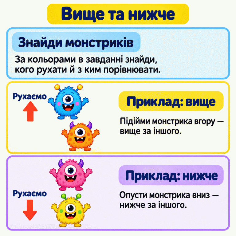 Вище та нижче. Спочатку за кольорами в завданні знайди, кого рухати й з ким порівнювати. У першому прикладі монстрик із підписом «Рухаємо» розташований вище за іншого; стрілка спрямована вгору. У другому прикладі позначений монстрик розташований нижче за іншого; стрілка спрямована вниз. Вище та нижче Знайди монстриків: За кольорами в завданні знайди, кого рухати й з ким порівнювати. Приклад: вище: Підійми монстрика вгору — вище за іншого. Приклад: нижче: Опусти монстрика вниз — нижче за іншого. Рухаємо