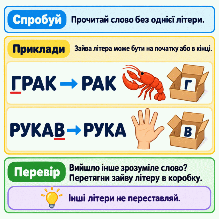 Прочитай слово без однієї літери. У навчальному прикладі зі слова «ГРАК» прибрали початкову «Г» й отримали «РАК»; поруч намальований рак, а літера «Г» лежить у коробці. Зі слова «РУКАВ» прибрали кінцеву «В» й отримали «РУКА»; поруч намальована рука, а літера «В» лежить в іншій коробці. Перевір, чи вийшло інше зрозуміле слово. Прибирай одну літеру, а решту не переставляй. Спробуй: Прочитай слово без однієї літери. Приклади: Зайва літера може бути на початку або в кінці. Перевір: Вийшло інше зрозуміле слово? Перетягни зайву літеру в коробку. Інші літери не переставляй. ГРАК РАК Г РУКАВ РУКА В
