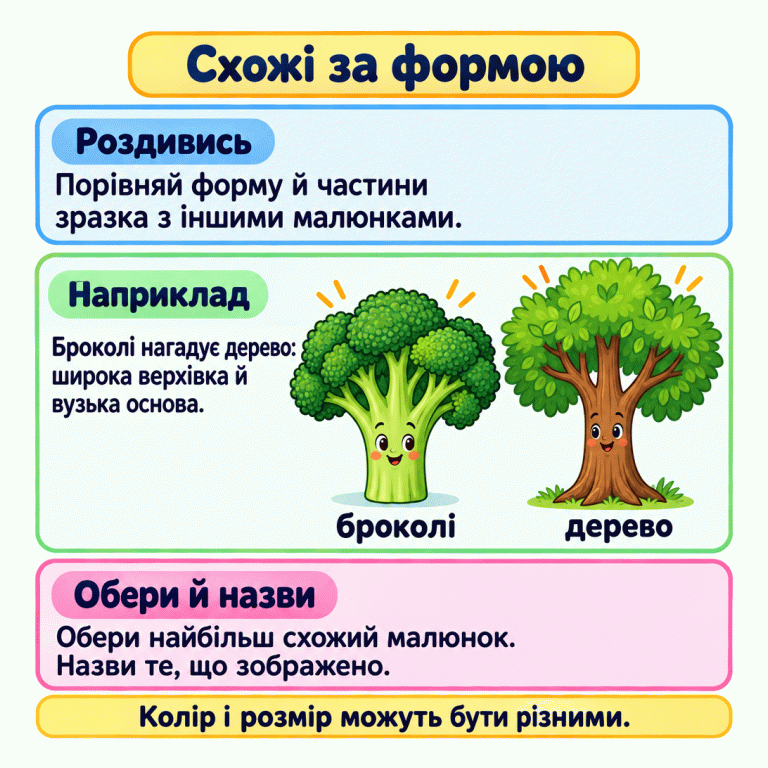 Картка вчить порівнювати форму та помітні частини зображень. Як приклад поруч показані підписані броколі й дерево: в обох широка розгалужена верхівка та вузька основа. Потрібно обрати малюнок, найбільш схожий на зразок, і назвати зображене. Колір і розмір можуть відрізнятися. Схожі за формою Роздивись: Порівняй форму й частини зразка з іншими малюнками. Наприклад: Броколі нагадує дерево: широка верхівка й вузька основа. Обери й назви: Обери найбільш схожий малюнок. Назви те, що зображено. Колір і розмір можуть бути різними. броколі дерево