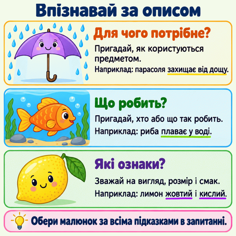 Картка «Впізнавай за описом» показує три види підказок. Розкрита парасоля захищає від дощу — це її призначення. Риба плаває у воді — це її дія. Лимон жовтий і кислий — це дві його ознаки. Щоб обрати малюнок, треба пригадати властивості зображеного й перевірити всі підказки в запитанні. Впізнавай за описом Для чого потрібне?: Пригадай, як користуються предметом.
Наприклад: парасоля захищає від дощу. Що робить?: Пригадай, хто або що так робить.
Наприклад: риба плаває у воді. Які ознаки?: Зважай на вигляд, розмір і смак.
Наприклад: лимон жовтий і кислий. Обери малюнок за всіма підказками в запитанні.