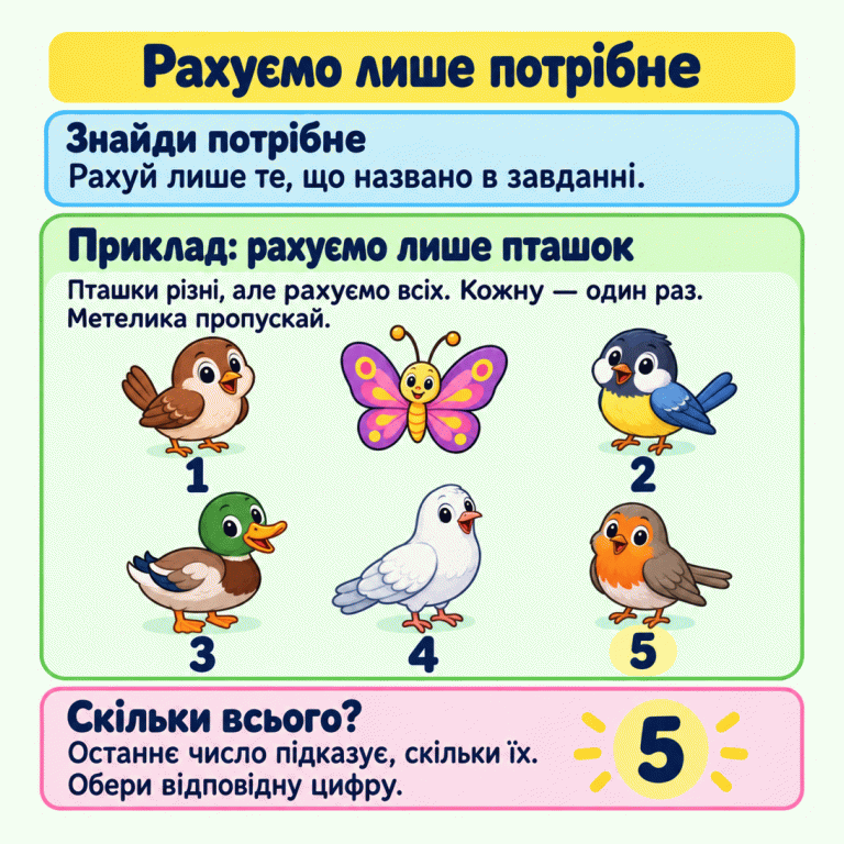 Картка пояснює, як рахувати лише те, що названо в завданні. У навчальному прикладі серед п’яти різних пташок є один метелик. Біля пташок послідовно стоять числа від одного до п’яти, а біля метелика числа немає. Кожну пташку пораховано один раз. Окрема цифра п’ять показує їхню загальну кількість. Рахуємо лише потрібне Знайди потрібне: Рахуй лише те, що названо в завданні. Приклад: рахуємо лише пташок: Пташки різні, але рахуємо всіх. Кожну — один раз. Метелика пропускай. Скільки всього?: Останнє число підказує, скільки їх. Обери відповідну цифру. 1 2 3 4 5