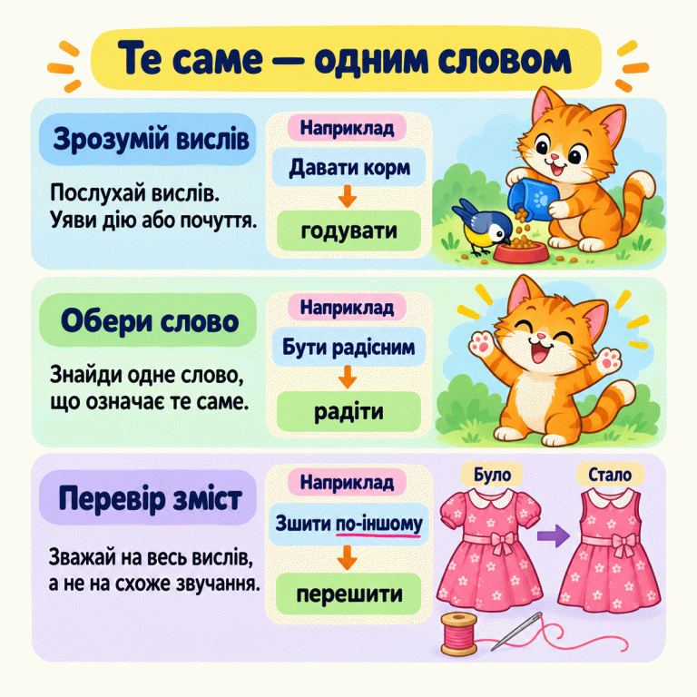Картка пояснює, як замінити вислів одним словом: послухати вислів, уявити дію або почуття й обрати слово з тим самим значенням. Приклади: давати корм — годувати; бути радісним — радіти; зшити по-іншому — перешити. Котик годує пташку, інший котик радіє, а сукня показана до й після перешивання. Важливо зберегти весь зміст вислову, а не обирати лише за схожим звучанням. Те саме — одним словом Зрозумій вислів: Послухай вислів. Уяви дію або почуття. Обери слово: Знайди одне слово, що означає те саме. Перевір зміст: Зважай на весь вислів, а не на схоже звучання. Наприклад Давати корм годувати Бути радісним радіти Зшити по-іншому перешити Було Стало