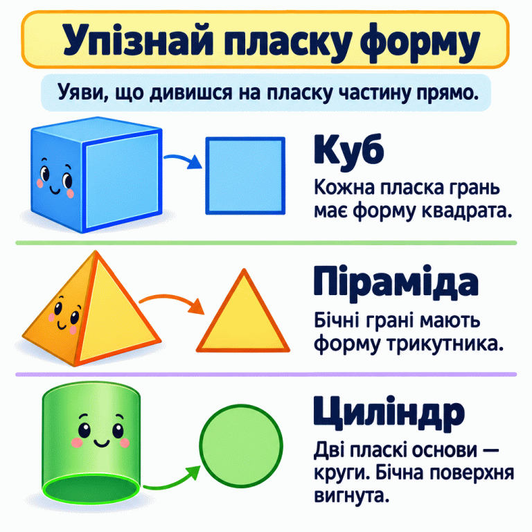 Три навчальні пари: куб і квадрат, піраміда і трикутник, циліндр і круг. У куба виділена квадратна грань, у піраміди — трикутна бічна грань, у циліндра — кругла основа. Щоб упізнати пласку форму, уяви, що дивишся на цю частину прямо. Упізнай пласку форму Куб: Кожна пласка грань має форму квадрата. Піраміда: Бічні грані мають форму трикутника. Циліндр: Дві пласкі основи — круги. Бічна поверхня вигнута. Уяви, що дивишся на пласку частину прямо.