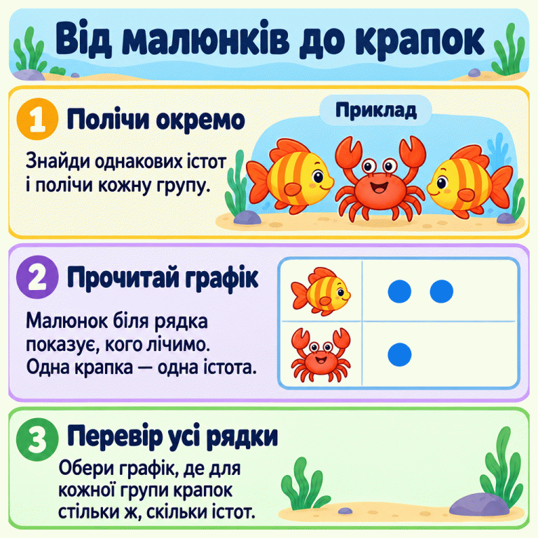 Навчальний приклад читання графіка. У групі для лічби дві однакові рибки та один краб. На окремому графіку рядок із малюнком рибки містить дві крапки, а рядок із малюнком краба — одну. Малюнки біля рядків позначають групи. Одна крапка відповідає одній істоті. Потрібно полічити кожну групу окремо та перевірити всі рядки. Від малюнків до крапок Полічи окремо: Знайди однакових істот і полічи кожну групу. Прочитай графік: Малюнок біля рядка показує, кого лічимо. Одна крапка — одна істота. Перевір усі рядки: Обери графік, де для кожної групи крапок стільки ж, скільки істот. Приклад 1 2 3