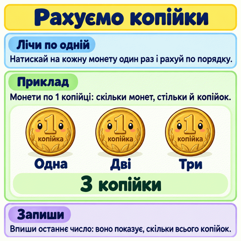 Приклад лічби: три монети по одній копійці. Під монетами послідовно написано «Одна», «Дві», «Три», а під усією групою — «3 копійки». Натискай на кожну монету один раз і рахуй по порядку. Останнє число показує, скільки всього копійок, бо всі монети по одній копійці. Рахуємо копійки Лічи по одній: Натискай на кожну монету один раз і рахуй по порядку. Приклад: Монети по 1 копійці: скільки монет, стільки й копійок. Запиши: Впиши останнє число: воно показує, скільки всього копійок. 1 копійка Одна Дві Три 3 копійки