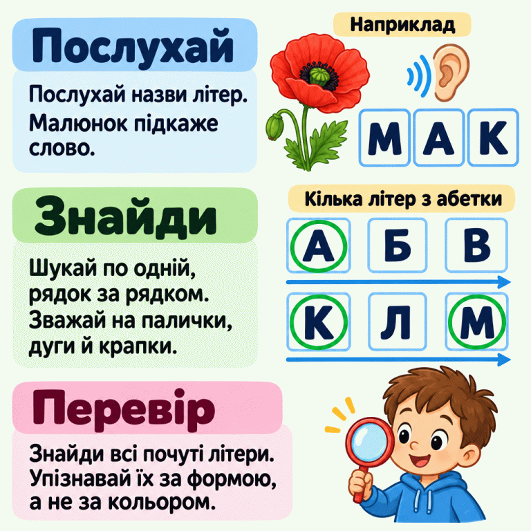 Послухай назви літер, шукай кожну рядок за рядком і перевір, чи всі знайдено. У навчальному прикладі зображено мак і літери М, А, К. Серед кількох літер з абетки обведено саме А, К і М. Літери впізнаємо за формою, а не за кольором. Послухай: Послухай назви літер. Малюнок підкаже слово. Знайди: Шукай по одній, рядок за рядком. Зважай на палички, дуги й крапки. Перевір: Знайди всі почуті літери. Упізнавай їх за формою, а не за кольором. Наприклад Кілька літер з абетки М А К Б В Л