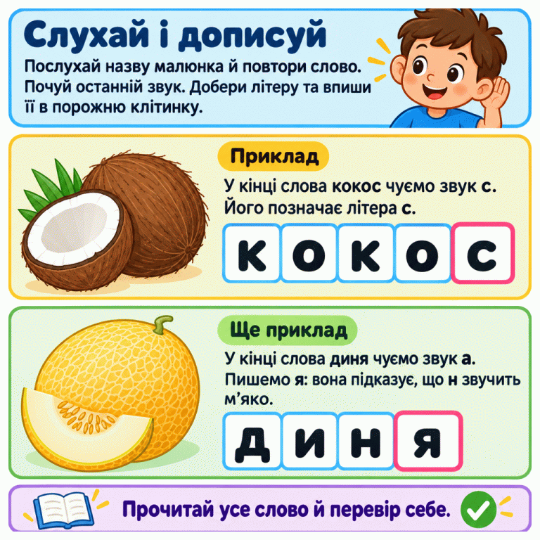 Картка пояснює: послухай назву малюнка, повтори слово, почуй останній звук і допиши потрібну літеру. Біля кокоса показано слово «кокос» із виділеною кінцевою с. Біля дині — слово «диня» з виділеною я: у кінці чуємо а, а я також підказує м’якість н. Наприкінці запропоновано прочитати ціле слово й перевірити себе. Слухай і дописуй: Послухай назву малюнка й повтори слово. Почуй останній звук. Добери літеру та впиши її в порожню клітинку. Приклад: У кінці слова кокос чуємо звук с. Його позначає літера с. Ще приклад: У кінці слова диня чуємо звук а. Пишемо я: вона підказує, що н звучить м’яко. Прочитай усе слово й перевір себе. коко с дин я ✓