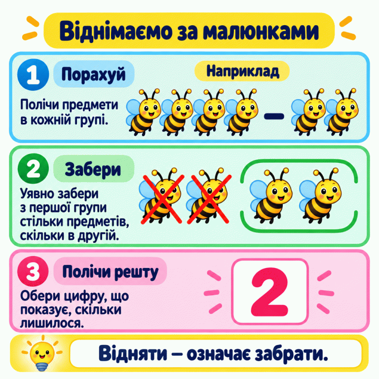 Віднімання за малюнками. Спочатку полічи предмети в кожній групі. Друга група показує, скільки треба забрати з першої. У навчальному прикладі було чотири бджілки, забираємо дві. На наступному малюнку дві з чотирьох бджілок перекреслено. Залишилися дві, тому результат прикладу позначено цифрою два. У своєму завданні полічи решту й обери відповідну цифру. Віднімаємо за малюнками Порахуй: Полічи предмети в кожній групі. Забери: Уявно забери з першої групи стільки предметів, скільки в другій. Полічи решту: Обери цифру, що показує, скільки лишилося. Відняти — означає забрати. Наприклад − 2 1 2 3