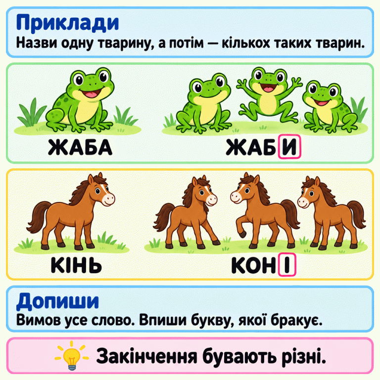 Навчальні приклади: одна жаба — «ЖАБА», група жаб — «ЖАБИ»; один кінь — «КІНЬ», група коней — «КОНІ». Останні букви И та І у словах множини обведено. Назви одну тварину, потім кількох таких тварин. Вимов усе слово й упиши пропущену букву. Закінчення бувають різні. Приклади: Назви одну тварину, а потім — кількох таких тварин. Допиши: Вимов усе слово. Впиши букву, якої бракує. Закінчення бувають різні. ЖАБА ЖАБИ КІНЬ КОНІ