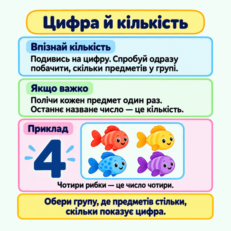 Картка пояснює, як знайти групу предметів за цифрою. Спочатку спробуй упізнати кількість одразу. Якщо важко, полічи кожен предмет один раз: останнє назване число покаже кількість. У навчальному прикладі поруч із цифрою 4 зображено чотири рибки. Обирай групу, кількість предметів у якій відповідає цифрі. Цифра й кількість Впізнай кількість: Подивись на цифру. Спробуй одразу побачити, скільки предметів у групі. Якщо важко: Полічи кожен предмет один раз. Останнє назване число — це кількість. Приклад: Чотири рибки — це число чотири. Обери групу, де предметів стільки, скільки показує цифра. 4