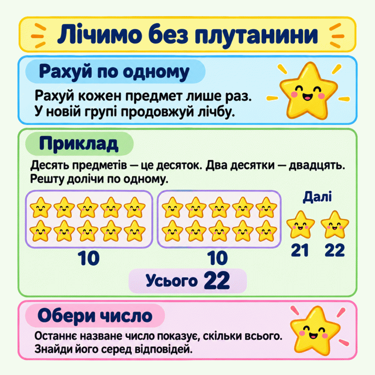 Картка пояснює, як рахувати кожен предмет лише раз і продовжувати лічбу в наступній групі. У навчальному прикладі два десятки зірочок і ще дві зірочки. Біля останніх двох показано продовження лічби: двадцять один, двадцять два. Усього двадцять дві зірочки. Останнє назване число потрібно знайти серед відповідей. Лічимо без плутанини Рахуй по одному: Рахуй кожен предмет лише раз. У новій групі продовжуй лічбу. Приклад: Десять предметів — це десяток. Два десятки — двадцять. Решту долічи по одному. Обери число: Останнє назване число показує, скільки всього. Знайди його серед відповідей. 10 Далі 21 22 Усього