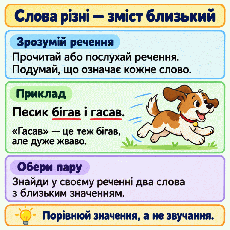 Картка пояснює, як знайти в реченні два слова з близьким значенням. У навчальному прикладі «Песик бігав і гасав» підкреслено слова «бігав» і «гасав», поруч песик енергійно біжить. Гасав — це теж бігав, але дуже жваво. Потрібно порівнювати значення слів у своєму реченні, а не їхнє звучання. Слова різні — зміст близький Зрозумій речення: Прочитай або послухай речення. Подумай, що означає кожне слово. Приклад: «Гасав» — це теж бігав, але дуже жваво. Обери пару: Знайди у своєму реченні два слова з близьким значенням. Порівнюй значення, а не звучання. Песик бігав і гасав.