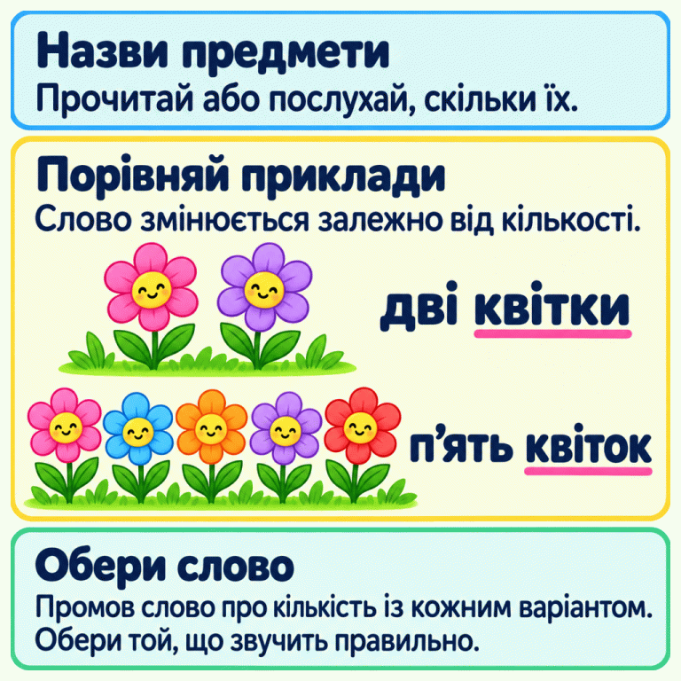 Картка пояснює, як добирати слово до кількості. Спочатку назви предмети й прочитай або послухай, скільки їх. У навчальних прикладах дві квітки мають підпис «дві квітки», а п’ять квіток — «п’ять квіток». Слова «квітки» та «квіток» підкреслено: форма назви залежить від кількості. Промов слово про кількість із кожним варіантом і вибери правильне сполучення. Назви предмети: Прочитай або послухай, скільки їх. Порівняй приклади: Слово змінюється залежно від кількості. Обери слово: Промов слово про кількість із кожним варіантом. Обери той, що звучить правильно. дві квітки п’ять квіток