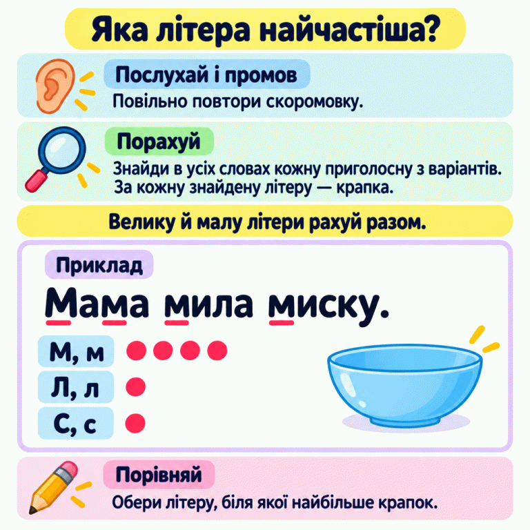 Картка пояснює: повільно повтори скоромовку, знайди кожну запропоновану приголосну й познач кожну її появу крапкою. Велику й малу літери рахуй разом. У навчальному прикладі «Мама мила миску.» біля М, м намальовано чотири крапки, біля Л, л і С, с — по одній. Обирай літеру, біля якої найбільше крапок. Яка літера найчастіша? Послухай і промов: Повільно повтори скоромовку. Порахуй: Знайди в усіх словах кожну приголосну з варіантів. За кожну знайдену літеру — крапка. Порівняй: Обери літеру, біля якої найбільше крапок. Велику й малу літери рахуй разом. Приклад Мама мила миску. М, м Л, л С, с