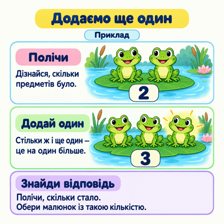 Навчальний приклад додавання одного предмета. Спочатку дві жабки, під ними цифра 2. Після додавання ще однієї — три жабки, під ними цифра 3. На один більше означає стільки ж і ще один. Полічи предмети, уяви ще один і знайди малюнок з отриманою кількістю. Додаємо ще один Полічи: Дізнайся, скільки предметів було. Додай один: Стільки ж і ще один — це на один більше. Знайди відповідь: Полічи, скільки стало. Обери малюнок із такою кількістю. Приклад 2 3