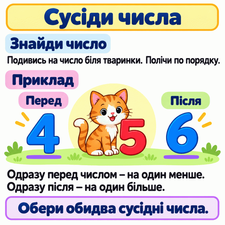 Навчальний приклад: біля котика число п’ять. У порядку лічби одразу перед ним стоїть чотири — на один менше, а одразу після нього шість — на один більше. Щоб знайти сусідів числа біля тваринки, потрібно обрати попереднє й наступне числа. Сусіди числа Знайди число: Подивись на число біля тваринки. Полічи по порядку. Приклад: Одразу перед числом — на один менше.
Одразу після — на один більше. Обери обидва сусідні числа. 4 5 6 Перед Після