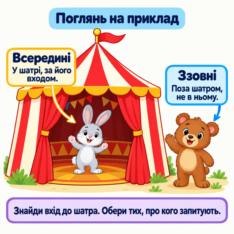 Навчальний приклад: зайчик стоїть усередині відкритого шатра, на його внутрішній підлозі. Ведмедик стоїть ззовні, окремо від шатра. Пояснення розрізняє місце у шатрі та поза ним і нагадує обирати тих, про кого запитують. Поглянь на приклад Всередині: У шатрі, за його входом. Ззовні: Поза шатром, не в ньому. Знайди вхід до шатра. Обери тих, про кого запитують.