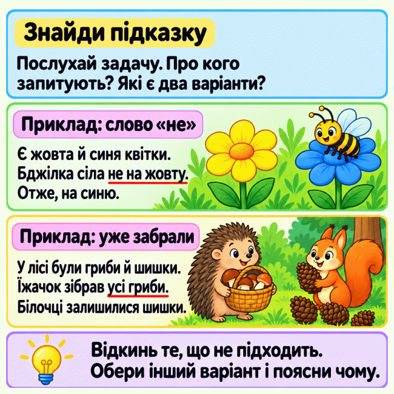 Картка пояснює, як вибрати один із двох варіантів за підказкою. У першому прикладі бджілка сіла не на жовту квітку, тому зображена на синій. У другому їжачок зібрав усі гриби в кошик, а білочці залишилися шишки. Нагадування пропонує відкинути те, що не підходить, обрати інший варіант і пояснити свій вибір. Знайди підказку: Послухай задачу. Про кого запитують? Які є два варіанти? Приклад: слово «не»: Є жовта й синя квітки. Бджілка сіла не на жовту. Отже, на синю. Приклад: уже забрали: У лісі були гриби й шишки. Їжачок зібрав усі гриби. Білочці залишилися шишки. Відкинь те, що не підходить. Обери інший варіант і поясни чому.